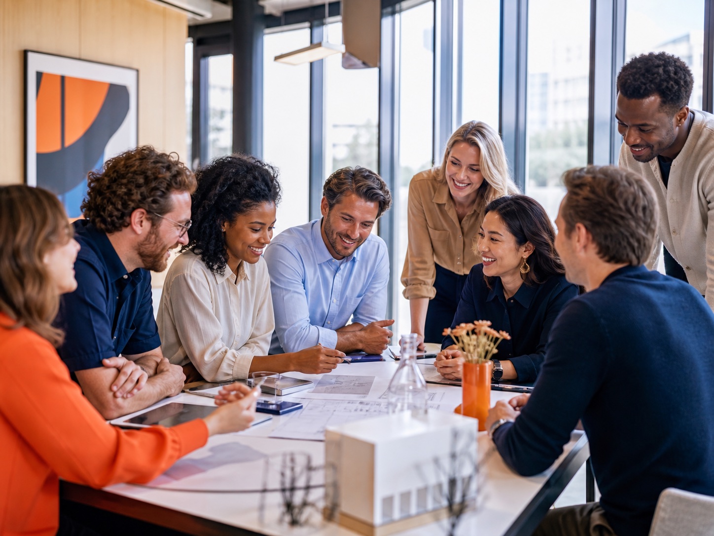 Collega’s werken samen aan tafel in een lichte kantoorruimte